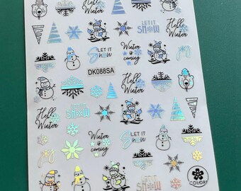 Adhesivo para uñas plateado con diseño de muñeco de nieve, aurora boreal, copos de nieve negros, reno, lazo, árbol de Navidad, caja de regalo, acebo, autoadhesivo, MeSeries