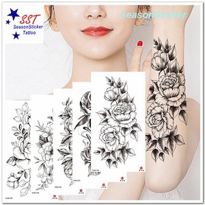 Peony Daisy Flower Tattoo Floral Rose Black Sketch Sunflower Body Temporary Tattoos XMQB8