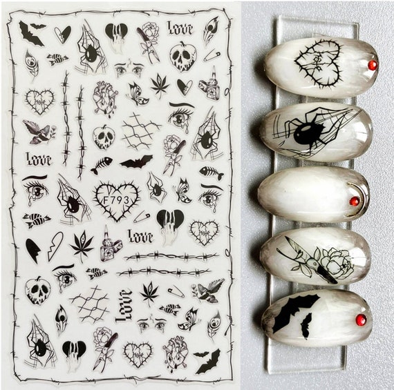 Black Halloween Nail Art Stickers Scare Sad Face Rose Snakes Knife Moon Wow Hearts Spider Self Adhesive Nail Decals FSeries
