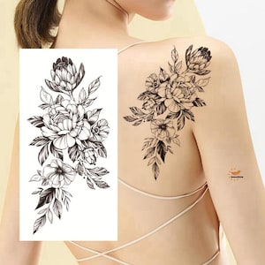 Tatuagens temporárias de flores de peônia preta, flores pretas, folhas, peônia, rosa, camélia, desenho à mão, desenho floral, cintura, braço, perna, tatuagens FSF6
