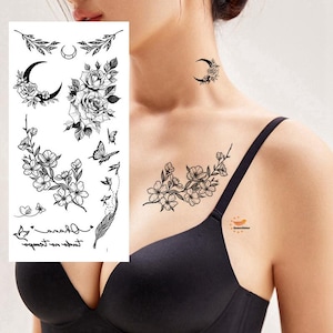 Tatuajes temporales de flores, peonías, luna creciente, mariposas, rosas, corazones, pájaros, flores, bocetos dibujados a mano en negro para cintura, brazos, piernas y cuello (BSK4)