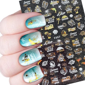 Naklejki na paznokcie Summer Beach, tropikalne liście palmowe, złota skorupa ryby morskiej, delfiny, samoprzylepne naklejki na paznokcie, seria FSeries