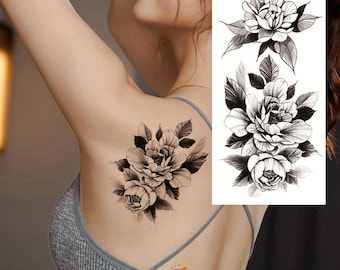 Fleurs noires, feuille de pivoine, tatouages temporaires dessinés à la main, fleurs de pivoine, rose, camélia, croquis, conception florale, taille, bras, jambe, tatouages FSF6