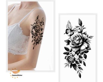 Tatuajes corporales de peonías, mariposas, luna creciente, mariposas, rosas, margaritas, girasoles, hojas, cuerpo, cintura, brazo, cuello, arte temporal, BSK4