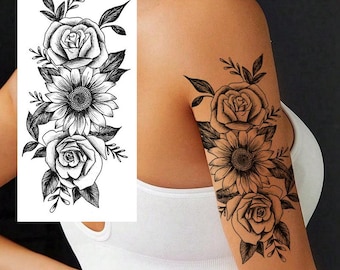 Tatuajes temporales de girasoles, rosas y hojas de girasol, bocetos dibujados a mano en negro para cintura, brazo, pierna y cuello (BSK4)