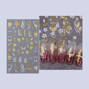 Gold-White Butterfly Flower Leaf Branch Lines Nail Sticker Rose Flower English Word Love Hope Floral Self-Adhesive Nail Decals GSeries