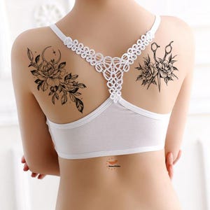 Tatuajes temporales de flores, peonías, luna creciente, mariposas, rosas, corazones, flores, bocetos dibujados a mano en negro, tatuajes para cintura, brazo, pierna y cuello (BSK4)