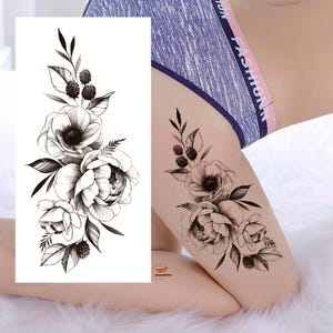 Tatuagens temporárias corporais de flores de peônia, folhas, desenhadas à mão, flores pretas, peônia, rosa, camélia, desenho floral, cintura, braço, perna, FSF6