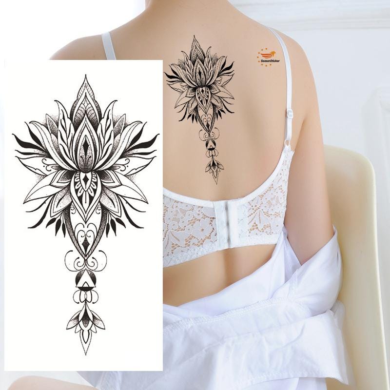 10 X Lotus Mandala Fake Tattoo – Wasserdicht, Schwarz, 11,5x14,4 Cm, Mit Anleitung