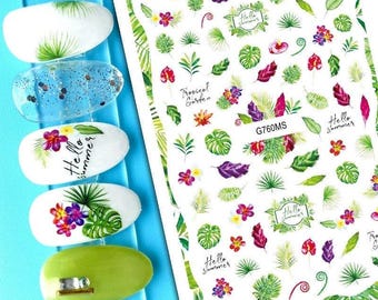 Tropical Flower Leaves Nail Art Stickers Green Summer Flower Leaf Red Self Adhesive Nail Art Decals FSeries