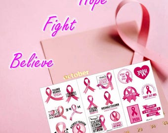 Conjunto de 3 tatuajes temporales de lazo rosa para concientizar sobre el cáncer de mama. Nunca te rindas, esperanza, lucha, cree, amor, cintura, brazo, cuello. Serie WSAS