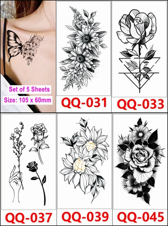 Peony Daisy Flower Tattoo Floral Rose Black Sketch Sunflower Temporary  Tattoo
