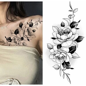 Black Peony Flower Temporary Tattoos Crescent Moon Periwinkle Daisy Sunflower Hand Drawn Sketch Flower Leaf Body Waist Arm Leg Tattoos BSK4 BK007