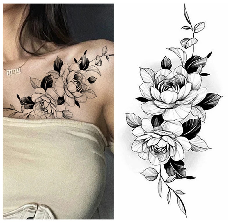 Black Peony Flower Temporary Tattoos Crescent Moon Periwinkle Daisy Sunflower Hand Drawn Sketch Flower Leaf Body Waist Arm Leg Tattoos BSK4 BK007