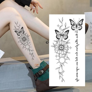 Tatuajes temporales de flores, mariposas, palabras en inglés, luna creciente, girasol, sol y luna, bocetos dibujados a mano en negro, tatuajes para cintura, brazo, pierna y cuello (BSK4)