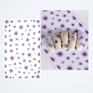 Purple Translucent Flowers Nail Sticker Watercolor Flowers Floral Design Self-Adhesive Nail Decals GSeries
