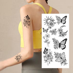 Tatuajes temporales de mariposa, flores, luna creciente, sol, luna, girasol, margarita, peonía, boceto negro dibujado a mano, tatuajes para cintura, brazo, pierna y cuello (BSK4)