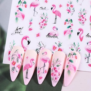 Flamingo Pink Primrose Flower Branch Love Nail Sticker Oenothera Flowers leaf Self Adhesive Nail Art Decals FSeries
