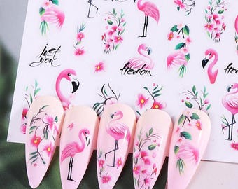 Flamingo Roze Sleutelbloem Bloem Tak Liefde Nagelsticker Oenothera Bloemen blad Zelfklevende Nail Art Decals F-series: