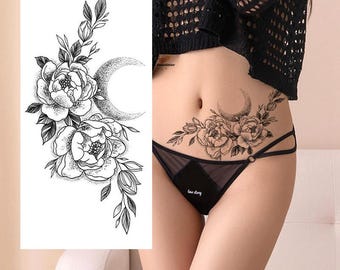 Tatuajes temporales de peonía, rosa, camelia, luna, boceto dibujado a mano en negro, tatuajes florales para cintura, brazo, pierna y cuello (BSK4)