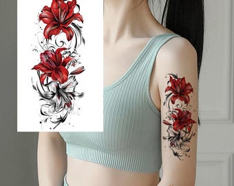 Tatuaje temporal de flor de lirio tigre rojo, boceto floral colorido dibujado a mano XMQB