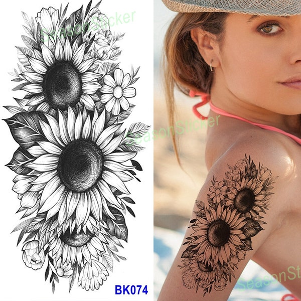 Sunflower Tattoo Rose Black Sketch Flower Dragonfly Abstract Graphics Figure Pistol Body Waist Arm Neck Temporary Art Tattoos BKSeries