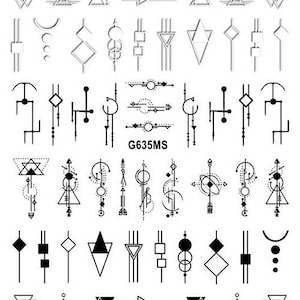 May include: A sheet of 50 black and white geometric temporary tattoos. The tattoos feature a variety of abstract designs, including triangles, circles, lines, and arrows. The sheet also includes the text "G635MS".