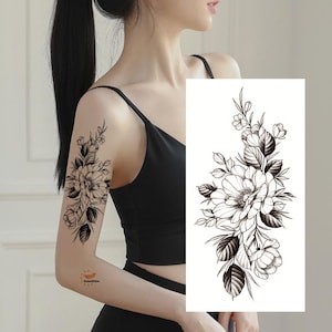 Tatuagens temporárias corporais de flores de peônia preta desenhadas à mão, desenho floral de peônia preta, cintura, braço, perna, tatuagens temporárias FSF6