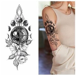 Tatuajes temporales de flores, fases lunares, planetas, estrellas y brújula para el cuerpo, dibujo a mano, bocetos en negro, flores, hojas, florales, cintura, brazo y pierna, BSK4