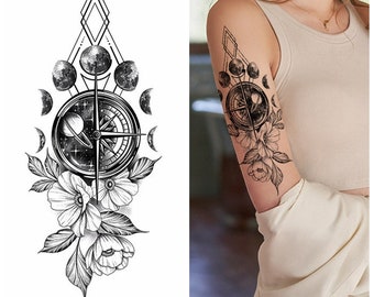 Tatuajes temporales de flores, fases lunares, planetas, estrellas y brújula para el cuerpo, dibujo a mano, bocetos en negro, flores, hojas, florales, cintura, brazo y pierna, BSK4