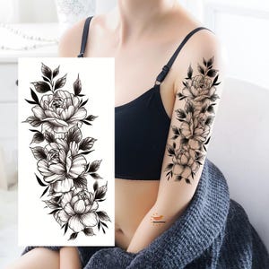 Tatuagens temporárias corporais de flores de peônia, folhas, desenhadas à mão, flores pretas, peônia, rosa, camélia, desenho floral, cintura, braço, perna, FSF6