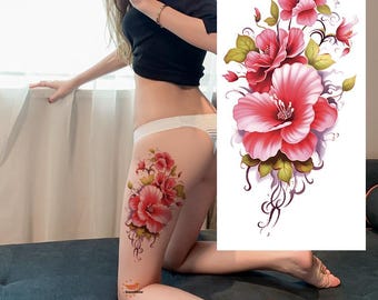 Red Pink Flower Poppy Temporary Tattoos Colorful Rose Daisy Hand Drawn Sketch Floral Design XMQB