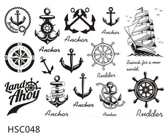 Navegando al mar Barca Velero Barco Ancla Timón Brújula Cintura Brazo Cuello Cuerpo Diseño de tatuaje temporal Tatuajes temporales HSCSeries