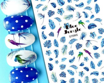 Blue Tropical Leaves Nail Art Stickers Tropical Birds Blue Jungle Yellow Leaves Fall Leaf Ginkgo Self Adhesive Nail Art Decals FSeries