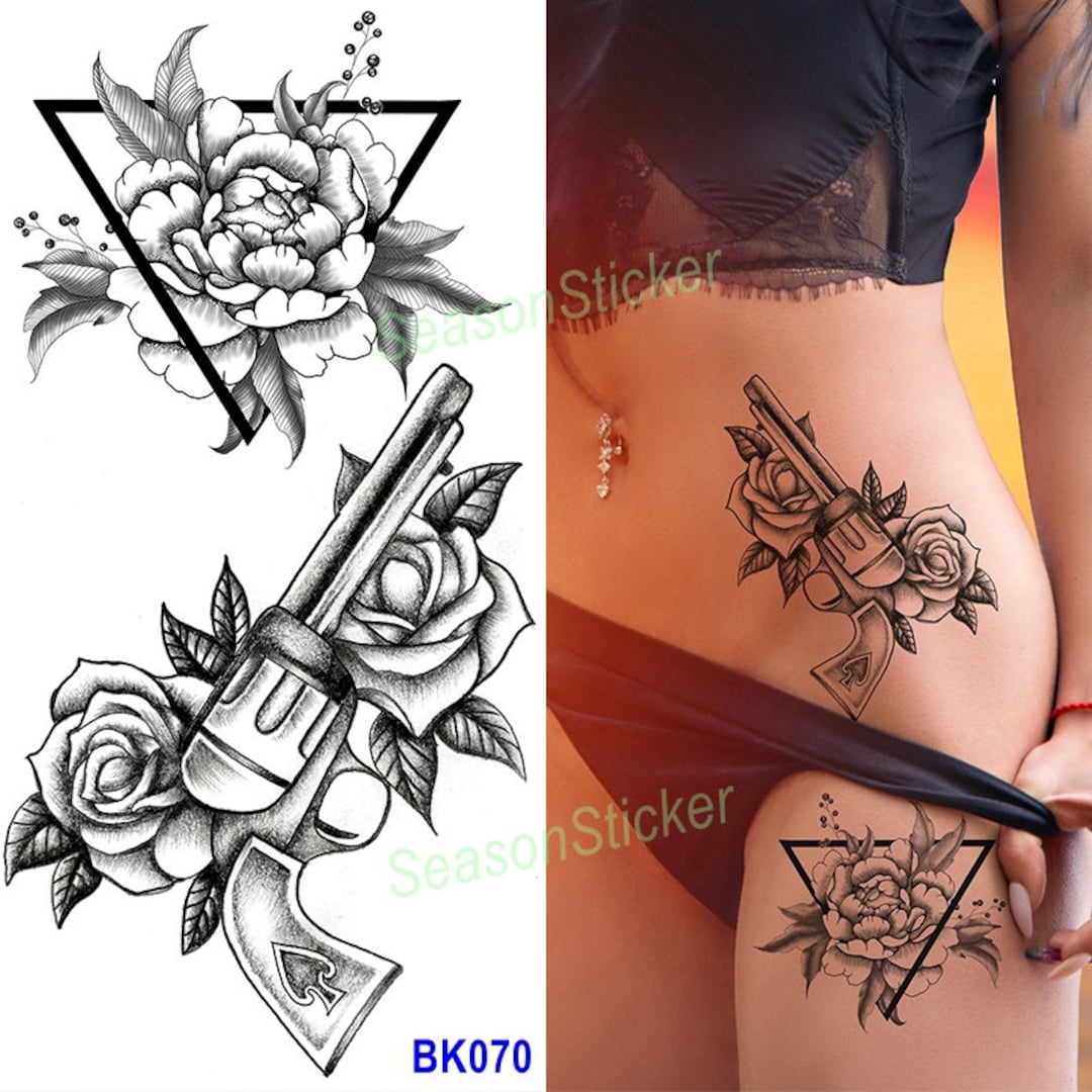 Triangle Gun Rose Tattoos Flower Black Sketch Graphics Figure Etsy