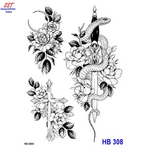 May include: Black and white tattoo design featuring a snake wrapped around a dagger, a cross with flowers, and a crescent moon with flowers. The design is labeled "HB 308".