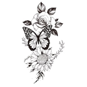 Sunflower Butterfly Flowers Body Temporary Tattoo Bird Rose Lotus Totem Cross  Hand Drawn Black Sketch Floral Design Tattoos XMQB8