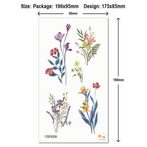 Puede incluir: Una l&aacute;mina de tatuajes florales temporales. El dise&ntilde;o presenta flores coloridas en tonos rojos, morados, amarillos y naranjas con hojas verdes. El tama&ntilde;o del paquete es de 190x95mm, y el tama&ntilde;o del dise&ntilde;o es de 175x85mm. El c&oacute;digo de producto es FSF6358.