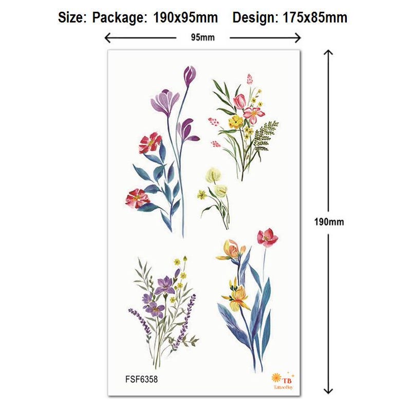Puede incluir: Una l&aacute;mina de tatuajes florales temporales. El dise&ntilde;o presenta flores coloridas en tonos rojos, morados, amarillos y naranjas con hojas verdes. El tama&ntilde;o del paquete es de 190x95mm, y el tama&ntilde;o del dise&ntilde;o es de 175x85mm. El c&oacute;digo de producto es FSF6358.