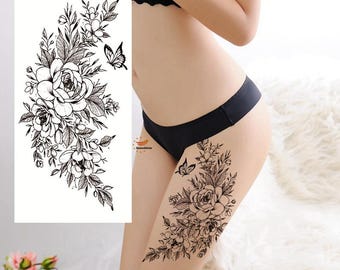Tatuajes temporales de flores, mariposas, hojas, camelia, peonías, rosas, flores, bocetos dibujados a mano, diseño floral, tatuajes para cintura, brazo y pierna (FSF6)
