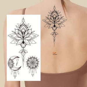 Lotus Mandala Flowers Temporary Tattoos Mandala Lotus Flower Hand Drawn Sketch Floral Design Arm Leg Back Upper Tattoos FSF6