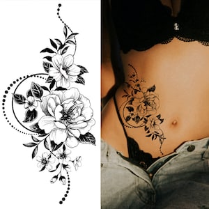 Black Peony Flower Temporary Tattoos Crescent Moon Periwinkle Daisy Sunflower Hand Drawn Sketch Flower Leaf Body Waist Arm Leg Tattoos BSK4 BK054