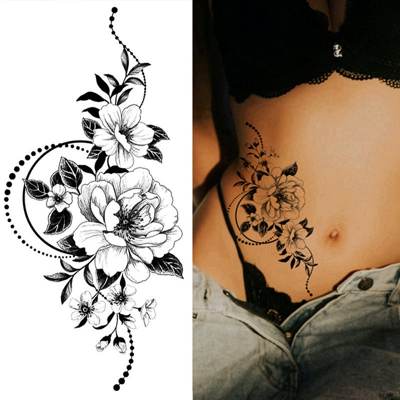 Black Peony Flower Temporary Tattoos Crescent Moon Periwinkle Daisy Sunflower Hand Drawn Sketch Flower Leaf Body Waist Arm Leg Tattoos BSK4 BK054
