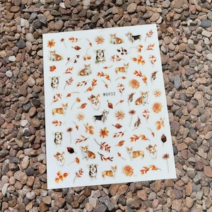 Fall Corgi Dog Nail Art Stickers Orange Yellow Fall Leaves Flowers Oak Leaf Colorful Autumn Harvest Self Adhesive Nail Art Decals WGSeries