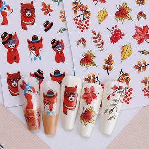 Ahorn Herbst Blatt Eichel Kürbis Pilz Nagel Aufkleber Fuchs Bär Hirsch Eichel Nuss Blatt Zweig Floral Selbstklebende Nail Art Decals GSeries