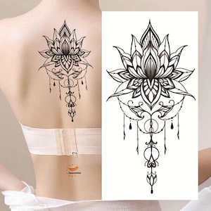Lotus Mandala Flower Hand Drawn Temporary Tattoos Mandala Art Black Sketch Lotus Flower Floral Design Arm Leg Back  Tattoos FSF6