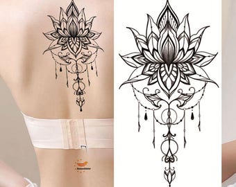 Tatuajes temporales de flor de loto, mandala, dibujados a mano, arte de mandala, boceto negro, diseño floral de flor de loto, tatuajes para brazo, pierna y espalda (FSF6)