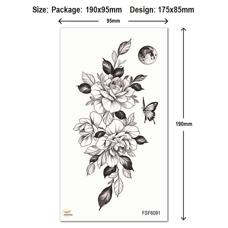 Sunflower Flowers Hand Drawing Temporary Tattoos Flower Rose Peony Butterfly Moon Black Sketch Floral Design Body Waist Arm Leg Tattoos FSF6 FSF6091