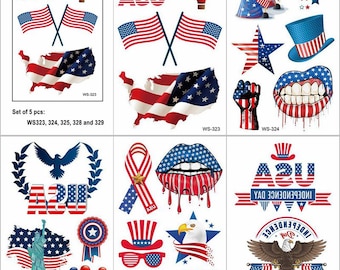 Ensemble de 5 pièces Happy Independence Day, 4 juillet, tatouages temporaires, drapeau du 4 juillet, football, feux d'artifice, amour, bras, jambe, cou, tatouages WSSeries