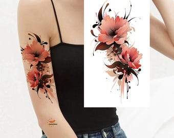 Watercolor Flower Temporary Tattoo Colorful Flowers Hand Drawn Sketch Floral XMQB